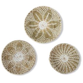 Set of 3 Wall Hanging Seagrass Basket | Shallow Handwoven Decorative Baskets for Home - Flower Pattern
