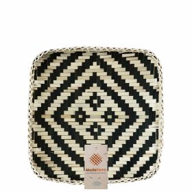 Square Bamboo Woven Basket Tray, Rustic Decorative Wooden Serving Tray for Breakfast, Drinks, Snacks, Coffee Table, Interior Decor - Black Quilt