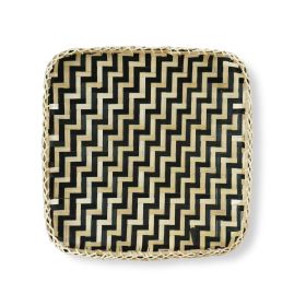 Square Bamboo Woven Basket Tray, Rustic Decorative Wooden Serving Tray for Breakfast, Drinks, Snacks, Coffee Table, Interior Decor - Wave Black